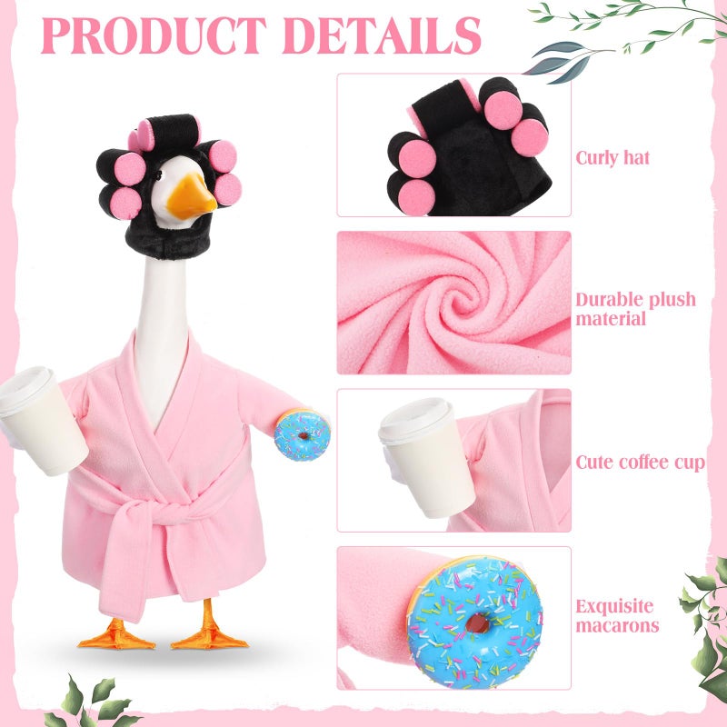 Shyyween Valentines Day Goose Outfit Lady Porch Goose Outfit for 23'' Cement Plastic Geese Summer Statue Clothes Pink Bathrobe Coffee Cup Curlers for Outdoor Garden Lawn Yard Patio Decoration - Image 3