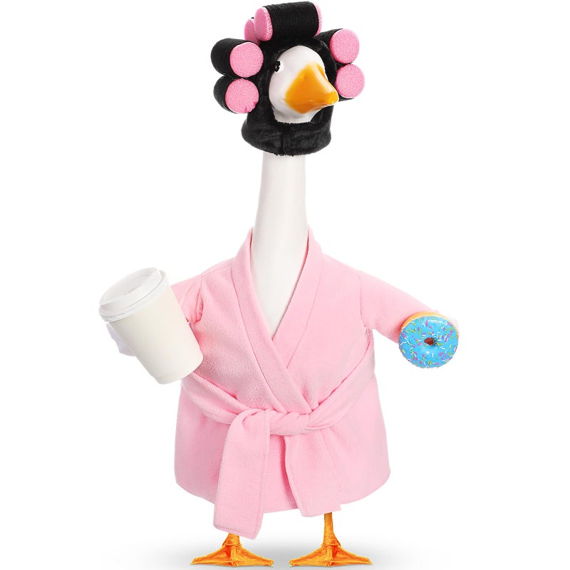 Shyyween Valentines Day Goose Outfit Lady Porch Goose Outfit for 23'' Cement Plastic Geese Summer Statue Clothes Pink Bathrobe Coffee Cup Curlers for Outdoor Garden Lawn Yard Patio Decoration - Image 1