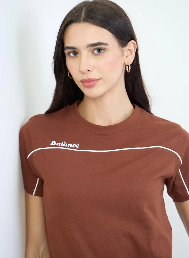 Styli Brown Brown Piping Detail Cotton T-Shirt and Joggers Set for Women | Best Price UAE
