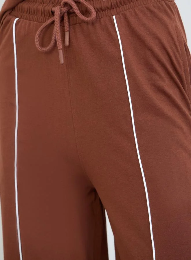 Styli Brown Brown Piping Detail Cotton T-Shirt and Joggers Set for Women | Best Price UAE