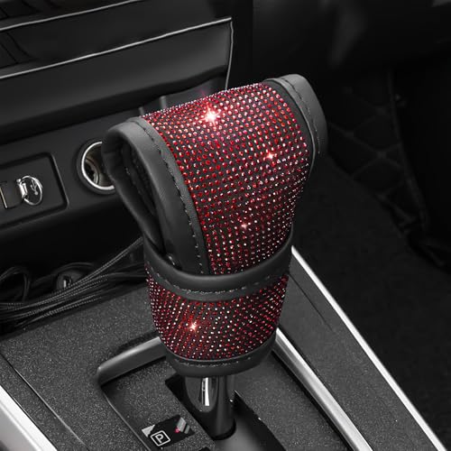Hbxdeco Bling Auto Gear Shift Knob Cover Car Knob Gear Stick Protector Sparkly Crystal Rhinestones Gear Shift Knobs Cover for Women Girls Universal Interior Decor Accessories Red - Image 1