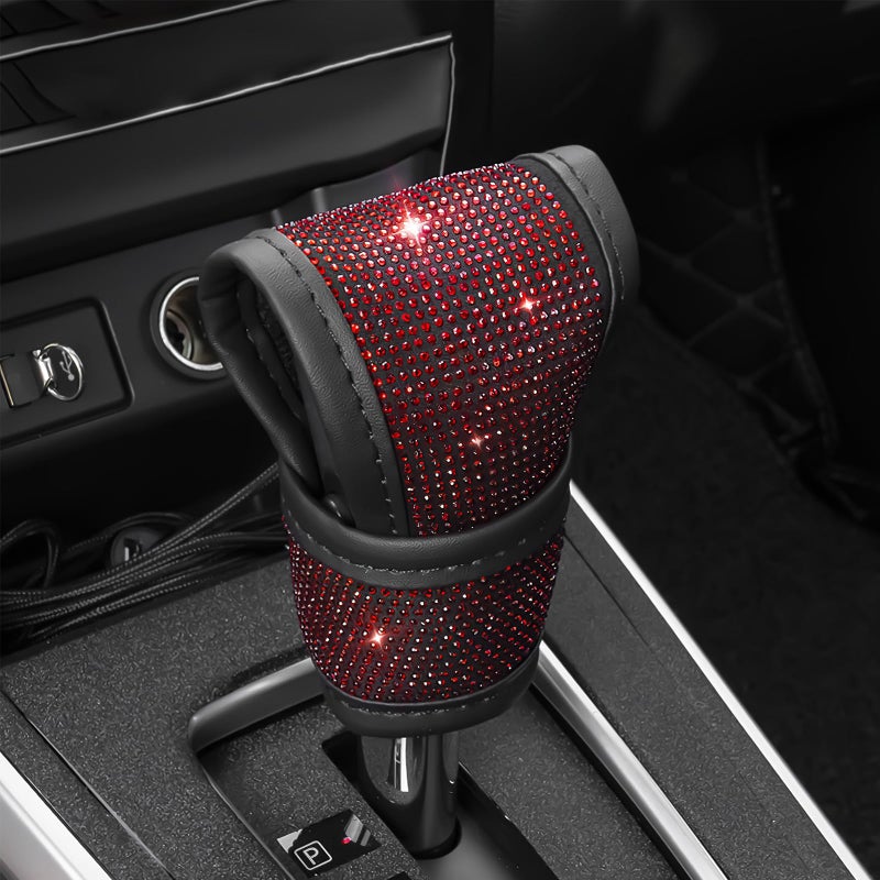 Hbxdeco Bling Auto Gear Shift Knob Cover Car Knob Gear Stick Protector Sparkly Crystal Rhinestones Gear Shift Knobs Cover for Women Girls Universal Interior Decor Accessories Red - Image 3