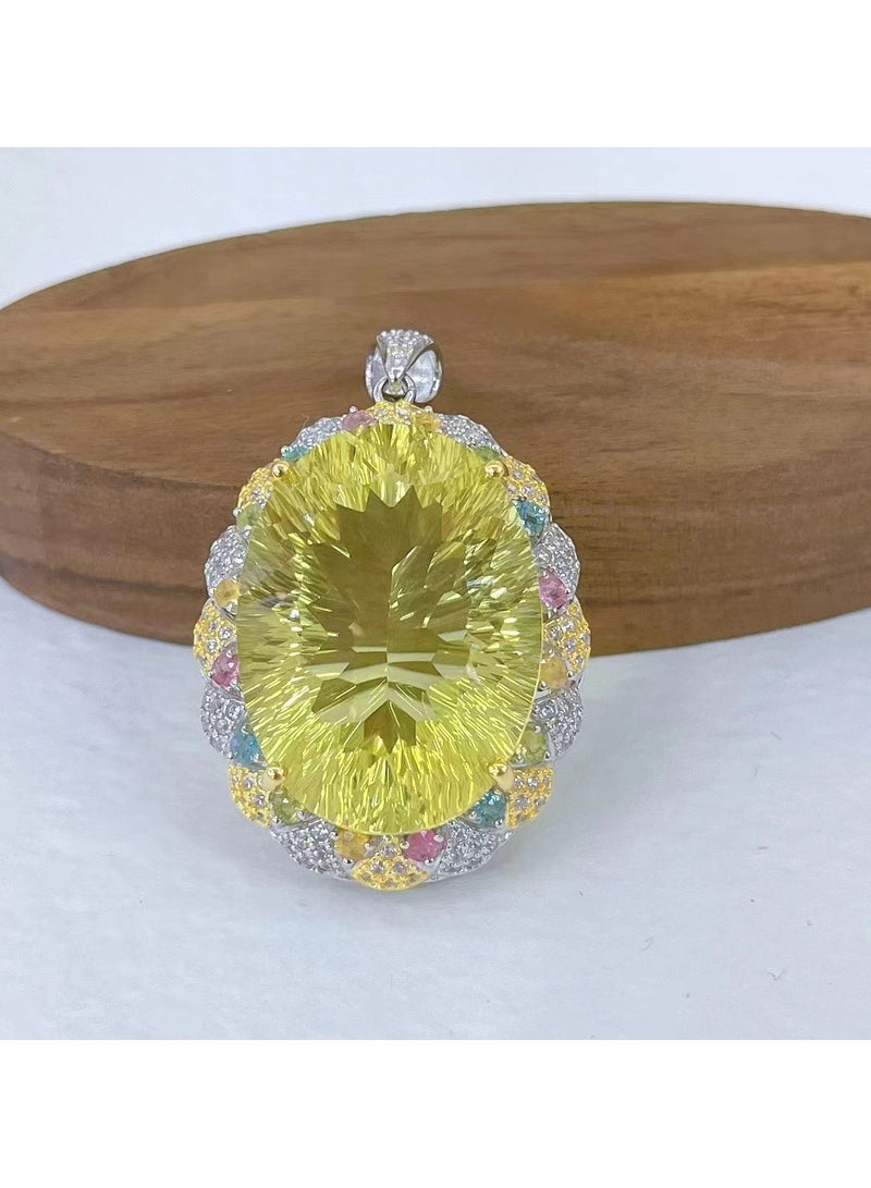 Fashion women 925 silver plated by white gold necklace pendant，With big size natural limon crystal gem stone necklace pendant，With national jewelry inspection certificate  - Image 1