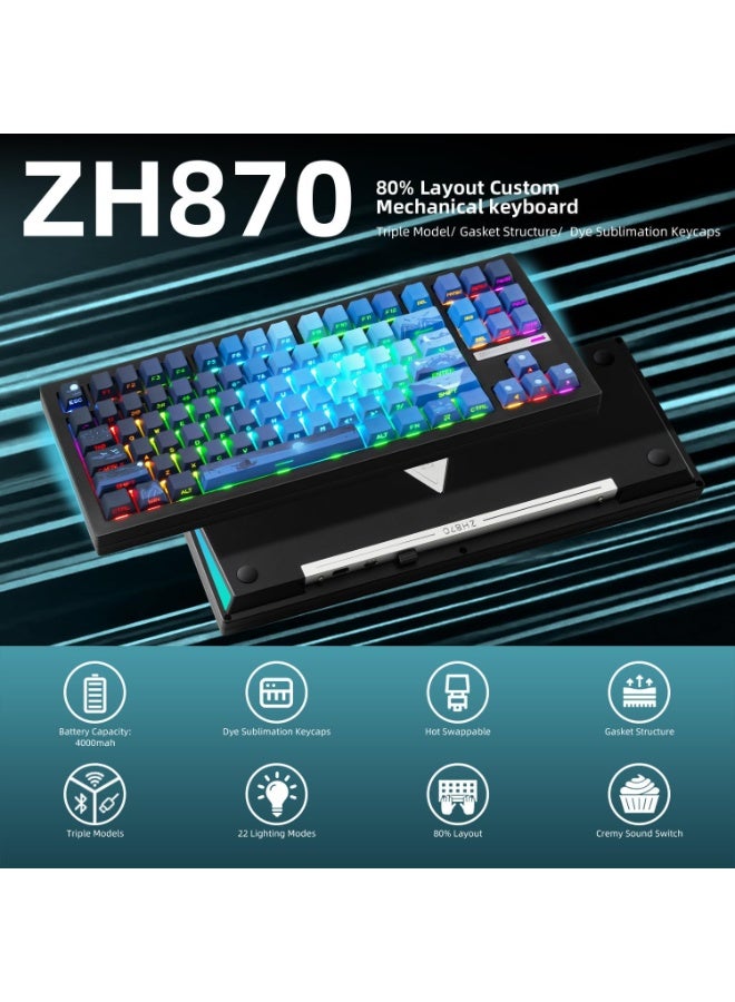 ZORNHER ZH870 Wireless Mechanical Gaming Keyboard,80% Blue Custom Creamy Sound Keyboard with Lighted Up Dye Sublimation PBT Keycaps,Pre-lubed Linear Switches,Hot-Swappable,RGB Backlit - Image 2