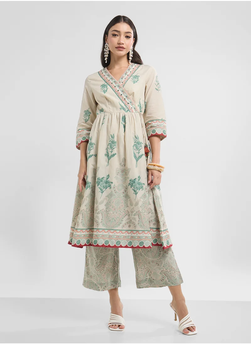 Biba Printed V-Neck Kurta & Pant Set