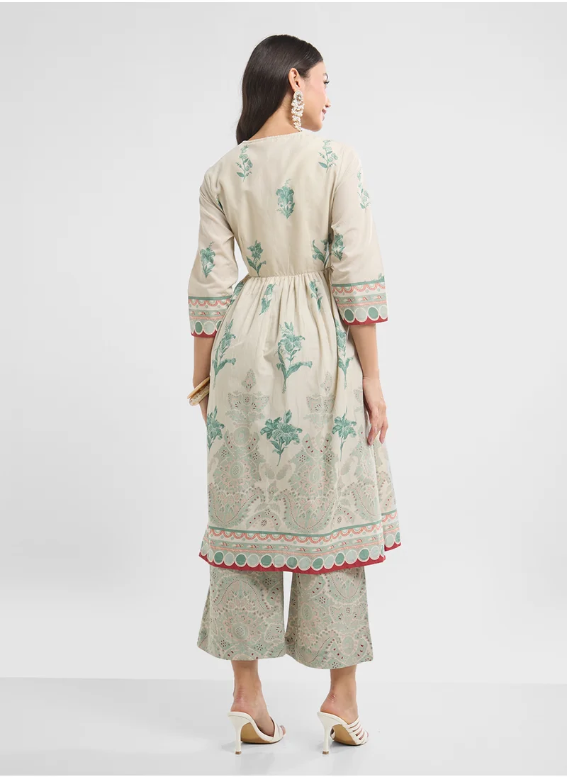 Biba Printed V-Neck Kurta & Pant Set