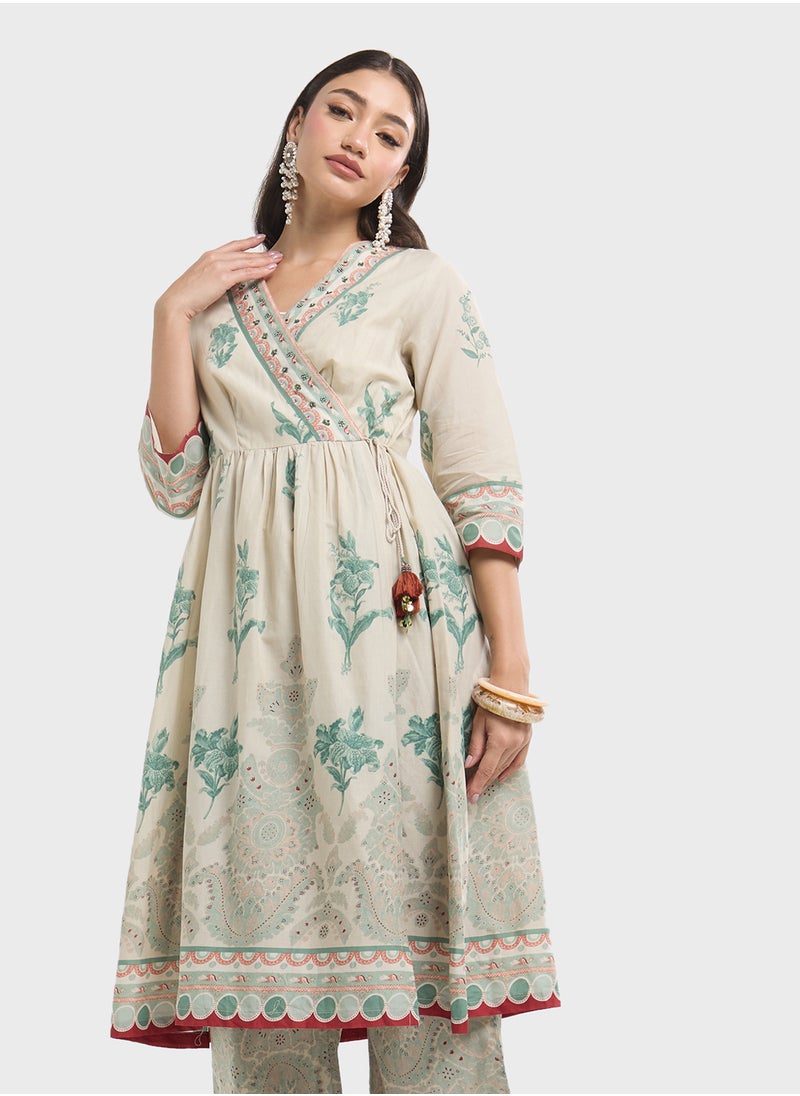 Biba Printed V-Neck Kurta & Pant Set  - Image 3