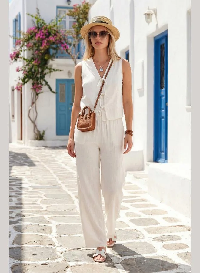 ليلا Lela Cotton Regular Fit Muslin Set with Tie Detail for Women SET 5866660