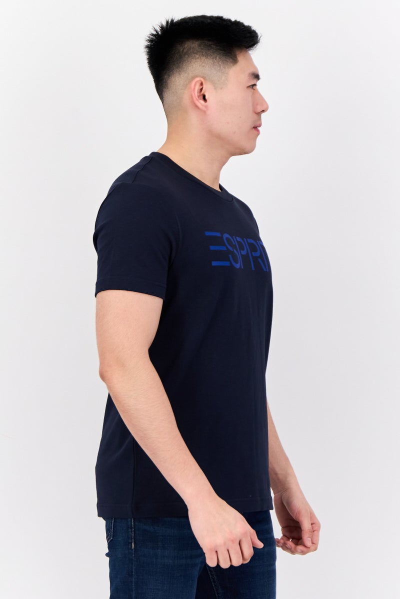 ESPRIT تي شيرت رجالي بأكمام قصيرة وياقة دائرية بشعار العلامة التجارية، أزرق داكن - Image 2