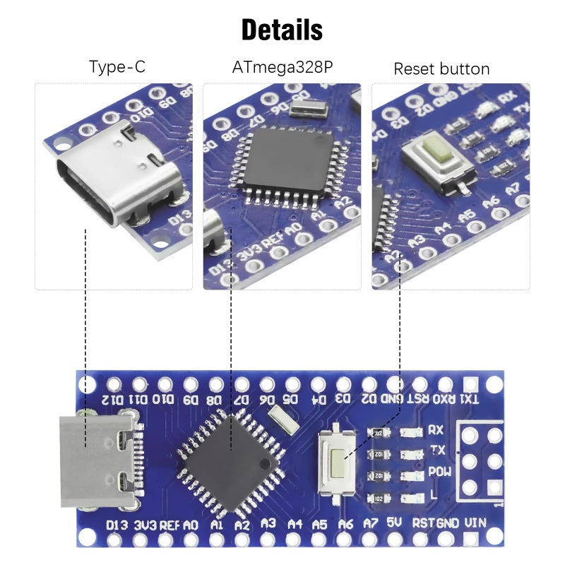 AYWHP 3PCS Nano V3.0 Board With Cable, ATmega328P, CH340G Chip 5V 16M, Microcontroller Compatible With Arduino (USB C Port) - Image 2