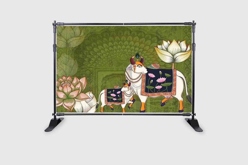 Backdropon Holy Cow with Lotus Pichwai Design Backdrop Cloth for Pooja Decoration Traditional Background Curtain Cloth for Festival Size 5 Feet Height and 8 Feet Width(5 * 8) - Image 2