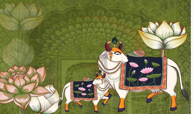 Backdropon Holy Cow with Lotus Pichwai Design Backdrop Cloth for Pooja Decoration Traditional Background Curtain Cloth for Festival Size 5 Feet Height and 8 Feet Width(5 * 8) - Image 1