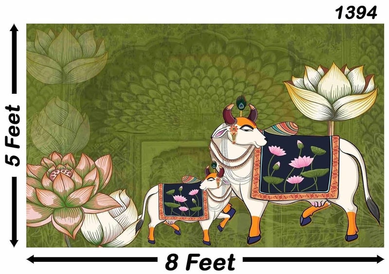 Backdropon Holy Cow with Lotus Pichwai Design Backdrop Cloth for Pooja Decoration Traditional Background Curtain Cloth for Festival Size 5 Feet Height and 8 Feet Width(5 * 8) - Image 3