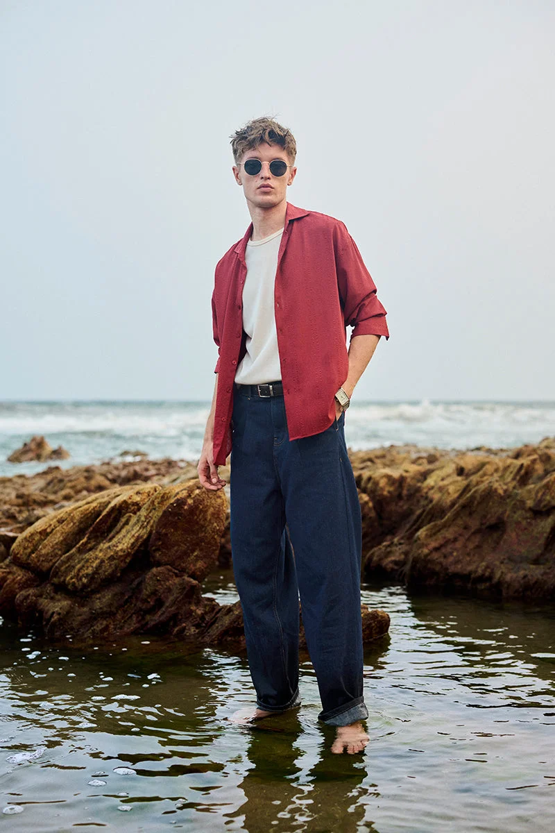 سنيتش Dark Navy Blue Solid Loose Fit Casual Jeans