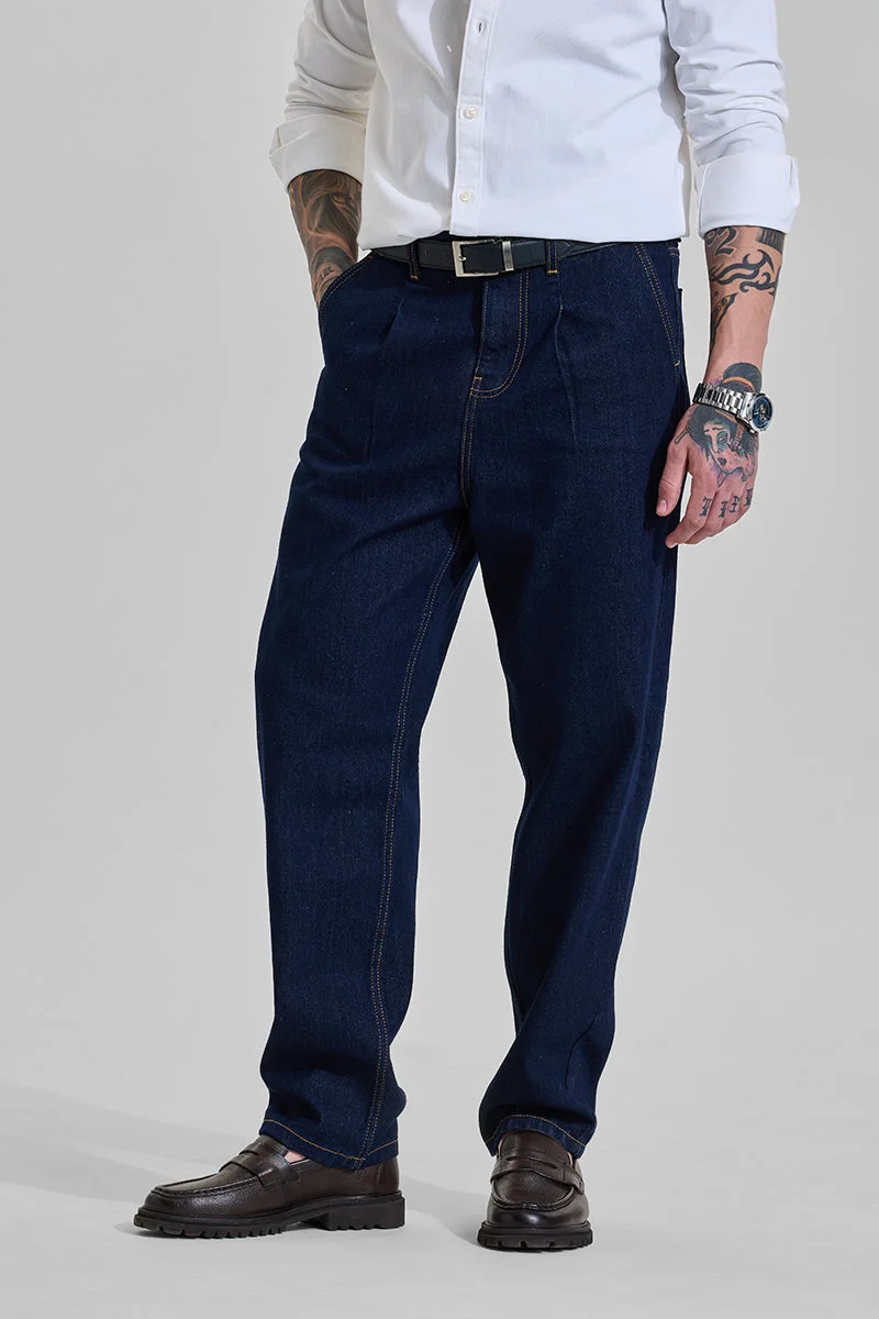 سنيتش Dark Navy Blue Solid Loose Fit Casual Jeans