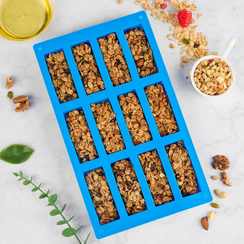 CLUEWR 3 PCS Granola Bar Mold, 12 Cavity Rectangle Silicone Bar Mold for Baking Chocolate/Candy/Protein/Energy Bar, Caramel, Truffle, Brownie, Cheesecake, Ganache, Butter - Image 5