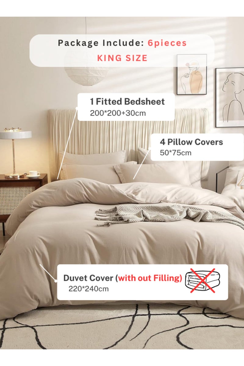 LUNA Home Washable Cotton 6 Pieces King Size Duvet Cover Plain Design, Plain Beige Color 220x240cm. - Image 2