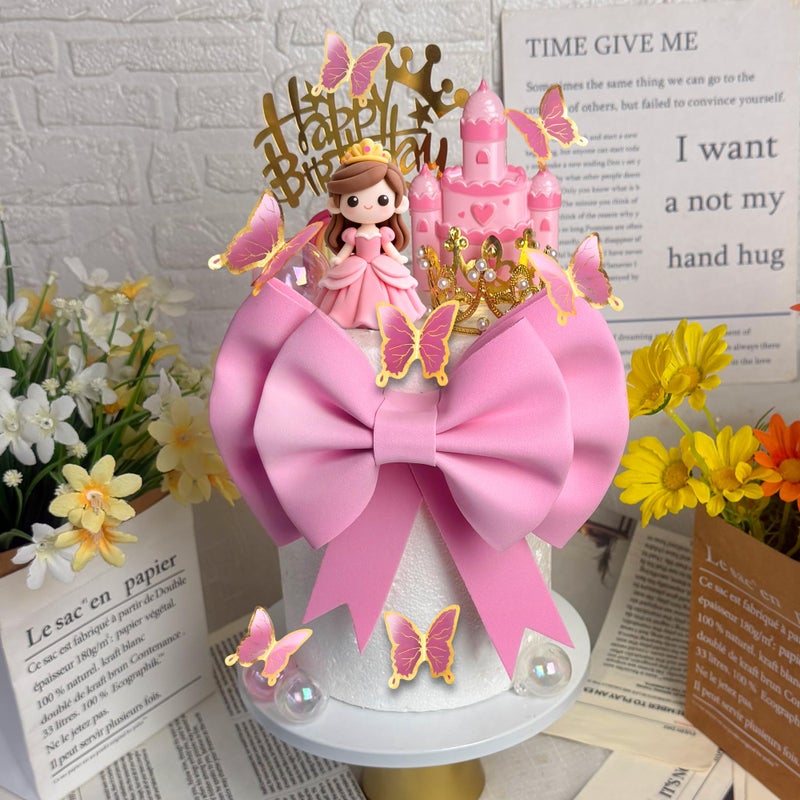 DRWATE Princess Cake Toppers Castle Cake Decorations with Bows Butterflies Balls Rainbow for Princess Themes Birthday - Image 5
