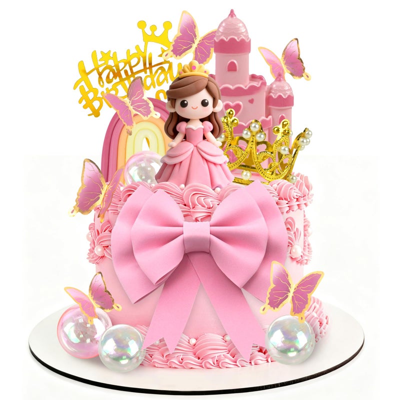 DRWATE Princess Cake Toppers Castle Cake Decorations with Bows Butterflies Balls Rainbow for Princess Themes Birthday - Image 1