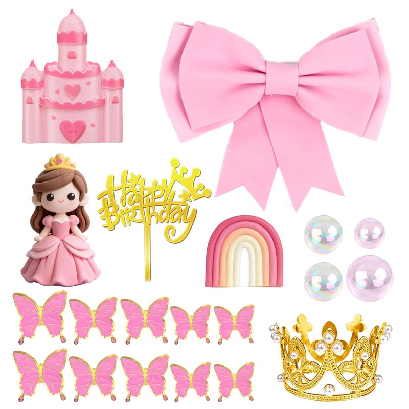 DRWATE Princess Cake Toppers Castle Cake Decorations with Bows Butterflies Balls Rainbow for Princess Themes Birthday - Image 3
