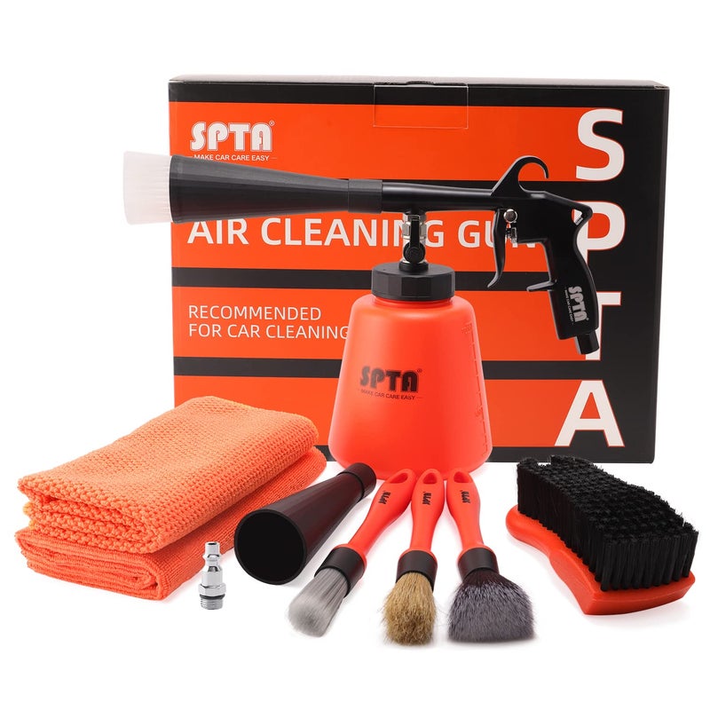 مسدس تنظيف السيارات عالي الضغط SPTA مجموعة تنظيف داخلية للسيارة مع زجاجة سعة 1 لتر، مسدس غسيل مع دوار معدني للكرسي والسجاد والسقف ولوحة القيادة، مجموعة أساسية لتفاصيل السيارة