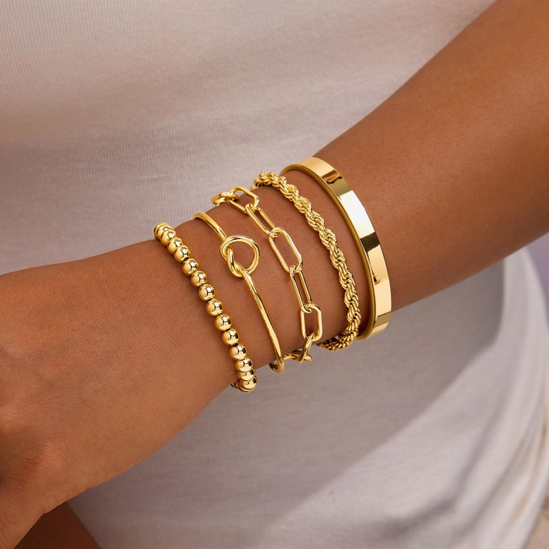 Gokeey Gold Cuff Bracelets for Women Trendy Waterproof, 14K Gold Plated Chunky Gold Bangles Beaded Bracelet for Women Fashion Accessories, Stackable Rope Forever Love Knot Infinity Paperclip Cuban Twist Bracelets Stack Set Bold Vintage Statement Jewelry - Image 3