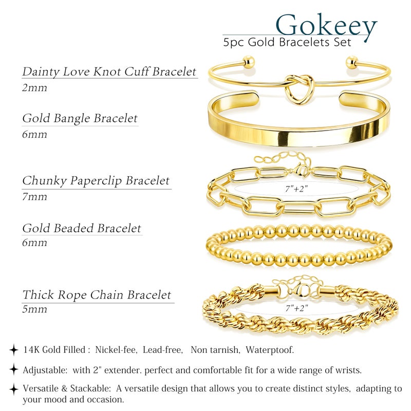 Gokeey Gold Cuff Bracelets for Women Trendy Waterproof, 14K Gold Plated Chunky Gold Bangles Beaded Bracelet for Women Fashion Accessories, Stackable Rope Forever Love Knot Infinity Paperclip Cuban Twist Bracelets Stack Set Bold Vintage Statement Jewelry - Image 5