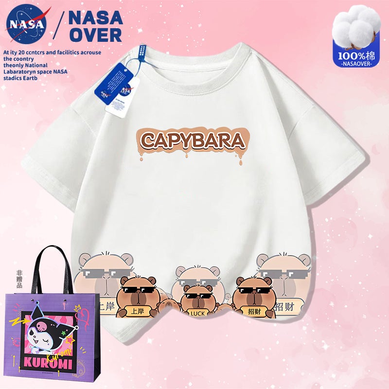 Nasa Co-Brand Kapibala Super Cute Summer Cotton T Short-Sleeved Men'S And Women'S Middle And Big Children'S New Cartoon T-Shirt Half-Sleeved - Image 2