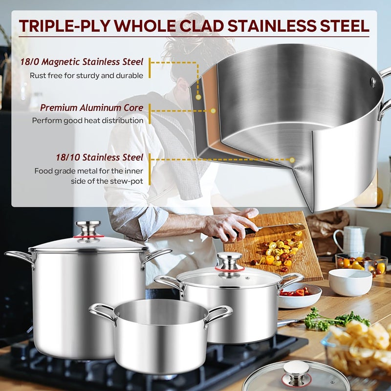 E-far 5 Quart Stock Pot with Lid, 18/10 Tri-ply Stainless Steel Stockpot for Induction Ceramic Gas Stoves, Heavy Duty Cooking Pot for Pasta Soup Stewing Simmering, Oven and Dishwasher Safe - Image 3