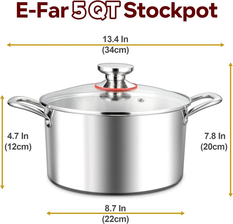E-far 5 Quart Stock Pot with Lid, 18/10 Tri-ply Stainless Steel Stockpot for Induction Ceramic Gas Stoves, Heavy Duty Cooking Pot for Pasta Soup Stewing Simmering, Oven and Dishwasher Safe - Image 2