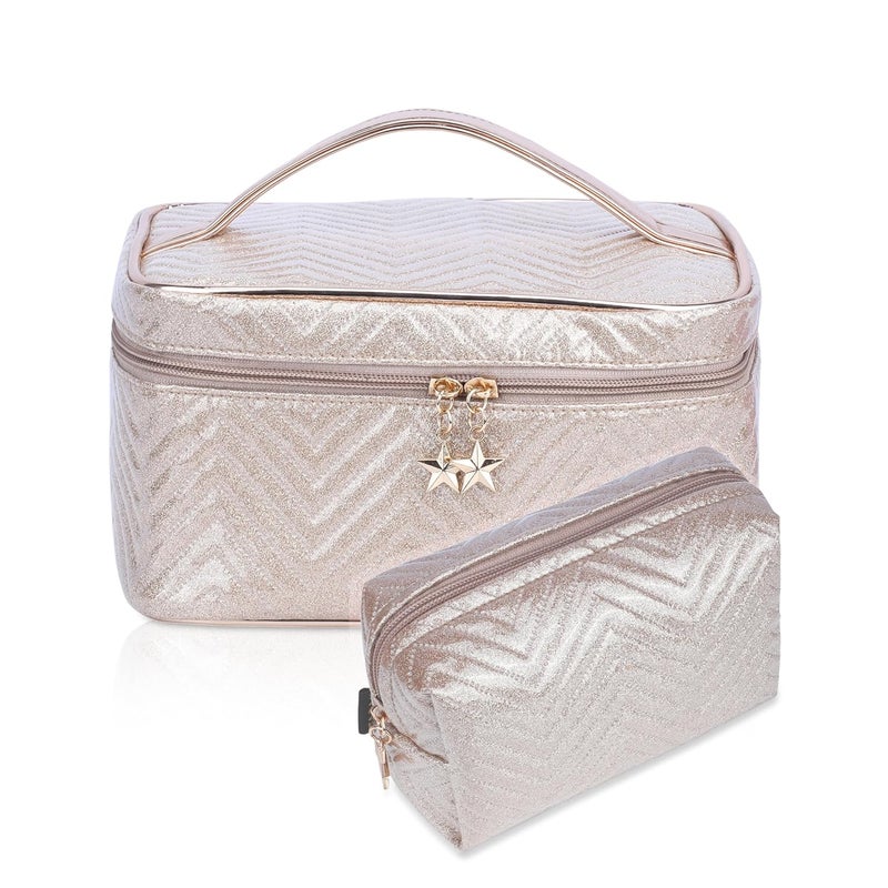 FADAK Glitter Makeup Organizer Bag with Detachable Pouch 25 x 14 x 14 cm Pink - Image 1