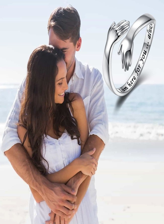 MANBU Sterling Silver Hug Ring for Women: Hugging Hands Adjustable Ring Support Jewelry Gifts - Image 3