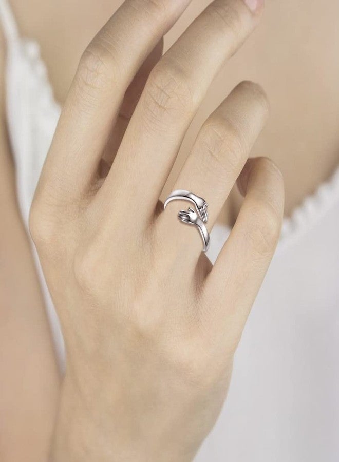 MANBU Sterling Silver Hug Ring for Women: Hugging Hands Adjustable Ring Support Jewelry Gifts - Image 2
