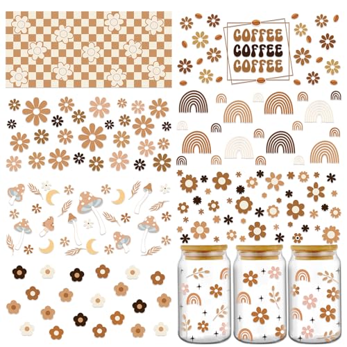 Rngmsi UV DTF Cup Wrap - 8 Sheets Boho Coffee UVDTF Cup Wraps for 16 oz, Groovy Daisy Mushroom Flower Rainbow UV Decals, Waterproof Rub on Transfer Stickers for Glass Wood Crafts - Image 1