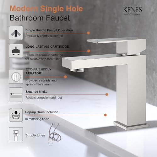 KENES Single Handle Bathroom Sink Faucet, Brushed Nickel Vanity Faucet for Bathroom Sink, with Pop Up Drain Stopper & Water Supply Lines LJ-9031 - Image 3