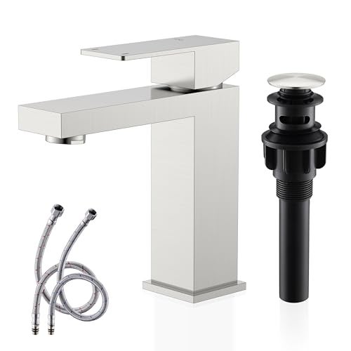 KENES Single Handle Bathroom Sink Faucet, Brushed Nickel Vanity Faucet for Bathroom Sink, with Pop Up Drain Stopper & Water Supply Lines LJ-9031 - Image 1