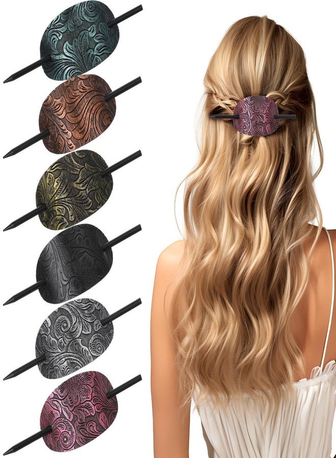 cobee 6 Pcs Leather Hair Barrettes with Stick, Vintage Ponytail Holders Handmade Hair Barrettes with Wood Slide Stick Bohemian Hairpin Square Shape Hairs Accessories for Women - Image 1
