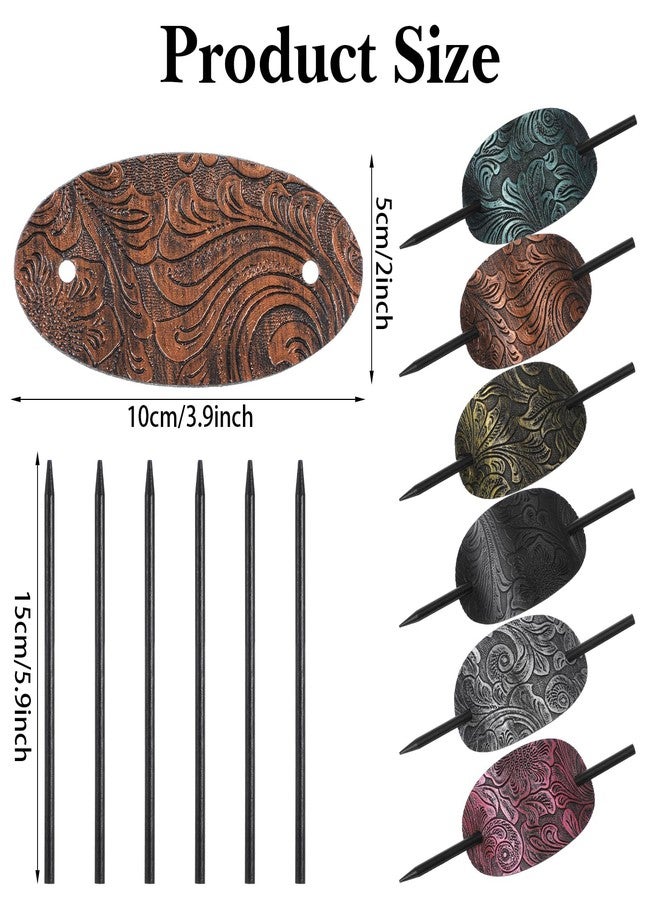 cobee 6 Pcs Leather Hair Barrettes with Stick, Vintage Ponytail Holders Handmade Hair Barrettes with Wood Slide Stick Bohemian Hairpin Square Shape Hairs Accessories for Women - Image 2