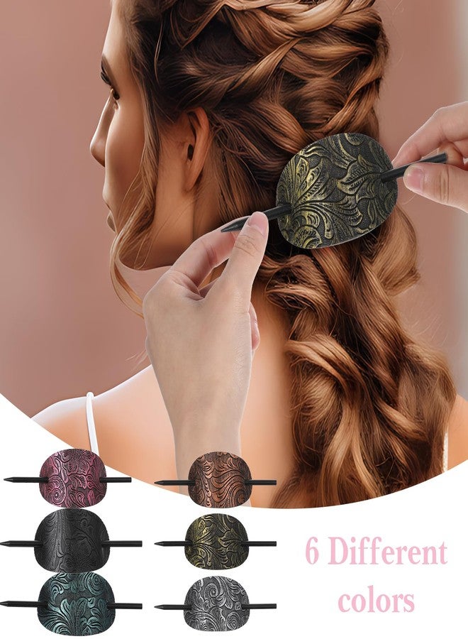 cobee 6 Pcs Leather Hair Barrettes with Stick, Vintage Ponytail Holders Handmade Hair Barrettes with Wood Slide Stick Bohemian Hairpin Square Shape Hairs Accessories for Women - Image 5