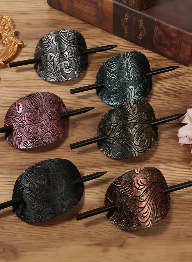 cobee 6 Pcs Leather Hair Barrettes with Stick, Vintage Ponytail Holders Handmade Hair Barrettes with Wood Slide Stick Bohemian Hairpin Square Shape Hairs Accessories for Women - Image 4
