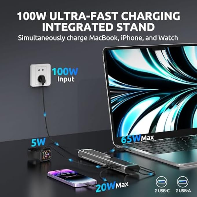 COSANO 100W MACBOOK PRO DOCKING STATION - ALUMINUM MAC MINI STAND & USB-C HUB WITH 4K HDMI - UNIVERSAL DOCK FOR APPLE DEVICES WITH 100W BUILT-IN POWER + DOUBLE-ENDED USB-C CABLE + AC POWER CABLE - Image 3