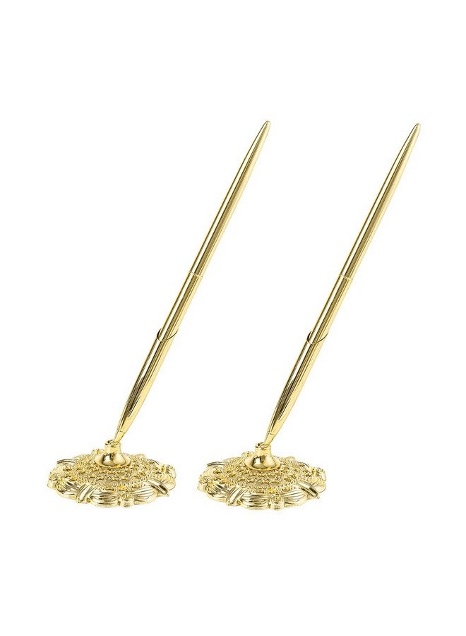 GSHLLO 2 Pcs Wedding Pens Guest Book Signing Pens Metal Writing Ballpoint Pens With Hollow Round Holder For Party Engagement Business Golden - Image 1