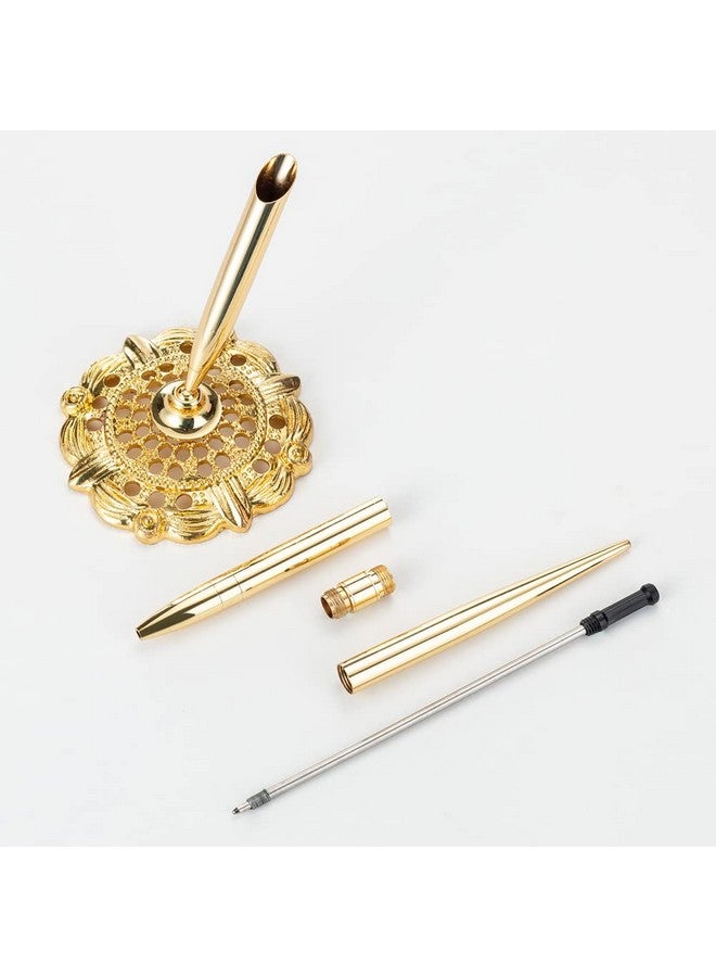 GSHLLO 2 Pcs Wedding Pens Guest Book Signing Pens Metal Writing Ballpoint Pens With Hollow Round Holder For Party Engagement Business Golden - Image 4