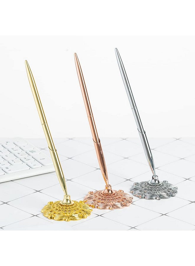 GSHLLO 2 Pcs Wedding Pens Guest Book Signing Pens Metal Writing Ballpoint Pens With Hollow Round Holder For Party Engagement Business Golden - Image 2
