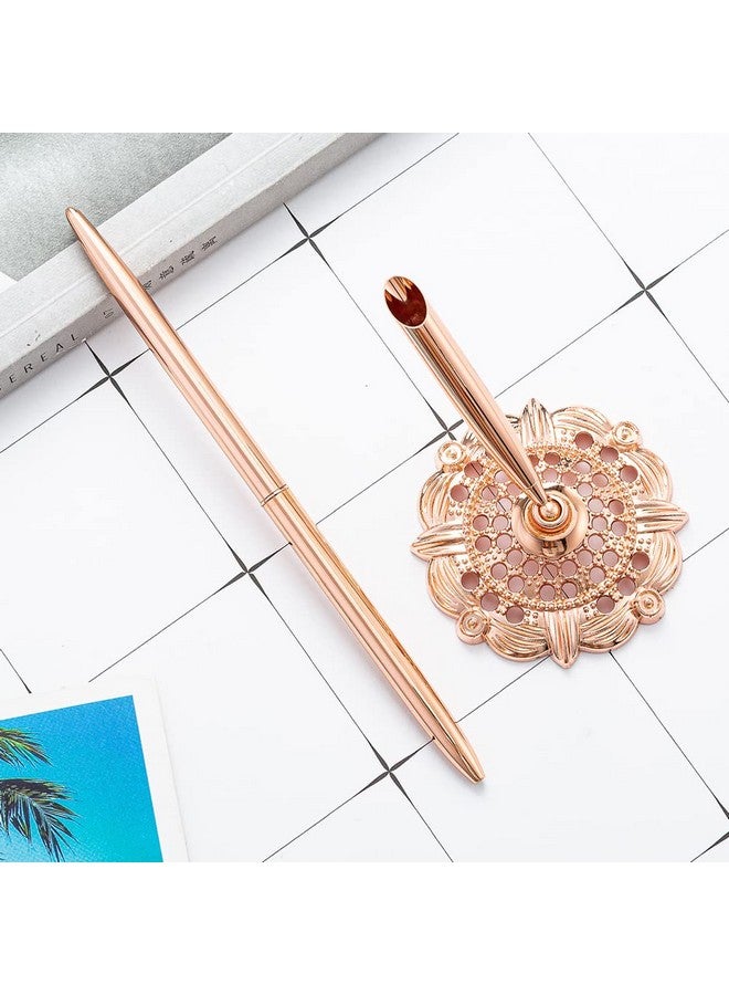 GSHLLO 2 Pcs Wedding Pens Guest Book Signing Pens Metal Writing Ballpoint Pens With Hollow Round Holder For Party Engagement Business Golden - Image 3