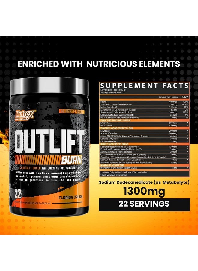 نورتكس ريسيرش مسحوق ما قبل التمرين الحراري من Nutrex Research Outlift Burn، مكمل غذائي 2 في 1 لتحسين الأداء والحرق مع Metabolyte، GBBGO (22 وجبة، Florida Crush) - Image 2