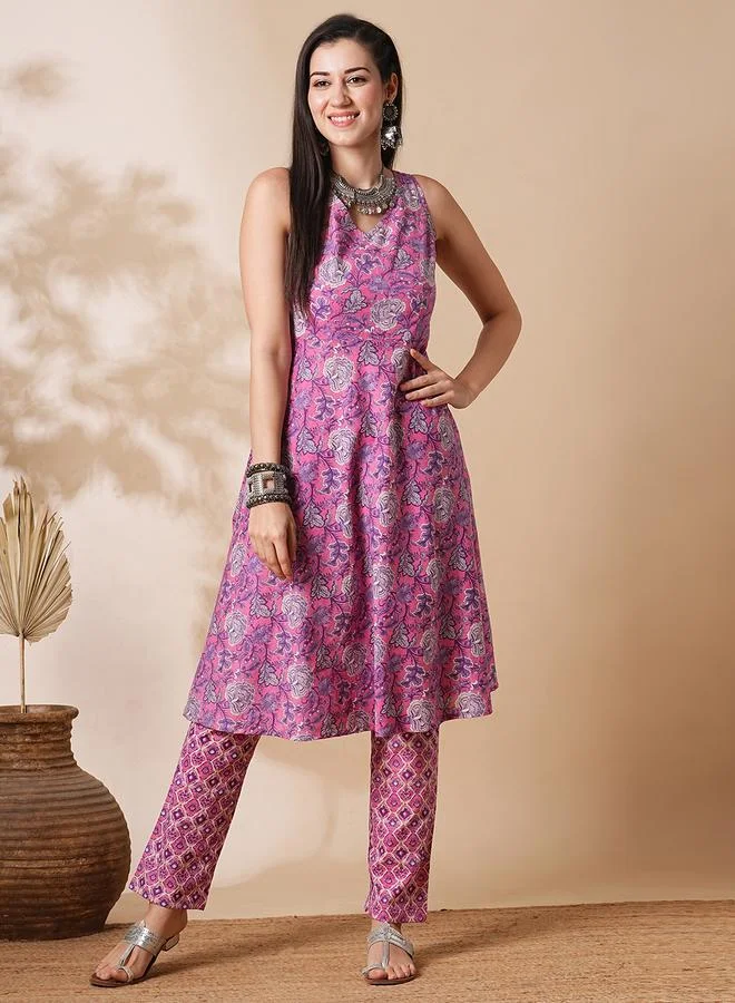globus Globus All-Over Floral Printed Back Tie-Up A-Line Kurta with Pants Co-Ords
