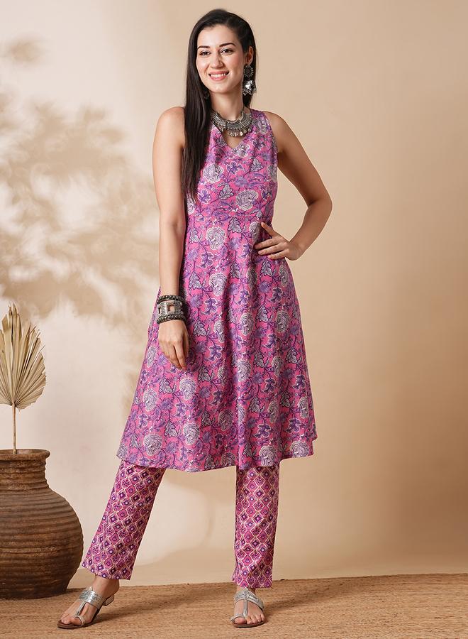 globus All-Over Floral Printed Back Tie-Up A-Line Kurta with Pants Co-Ords - Image 1