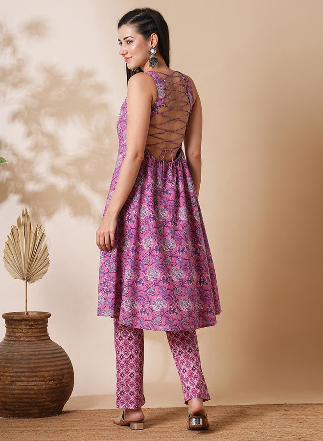 globus All-Over Floral Printed Back Tie-Up A-Line Kurta with Pants Co-Ords - Image 3