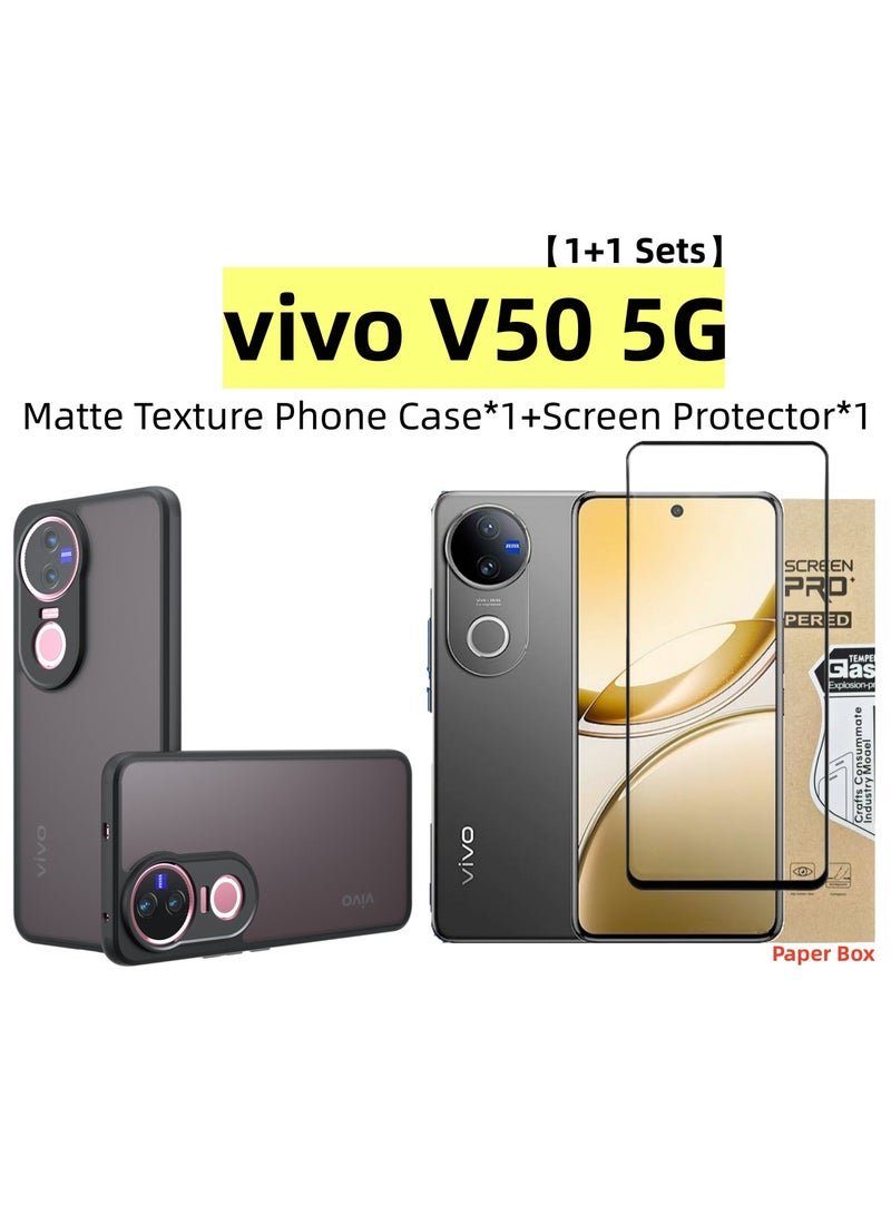 [1+1 Sets] For vivo V50 5G Case Cover & Screen Protector Frosted Translucent Back Protective Slim Phone Cover, Anti-Fingerprints, Anti-Fall Drop Protection，Tempered Flims - Image 1